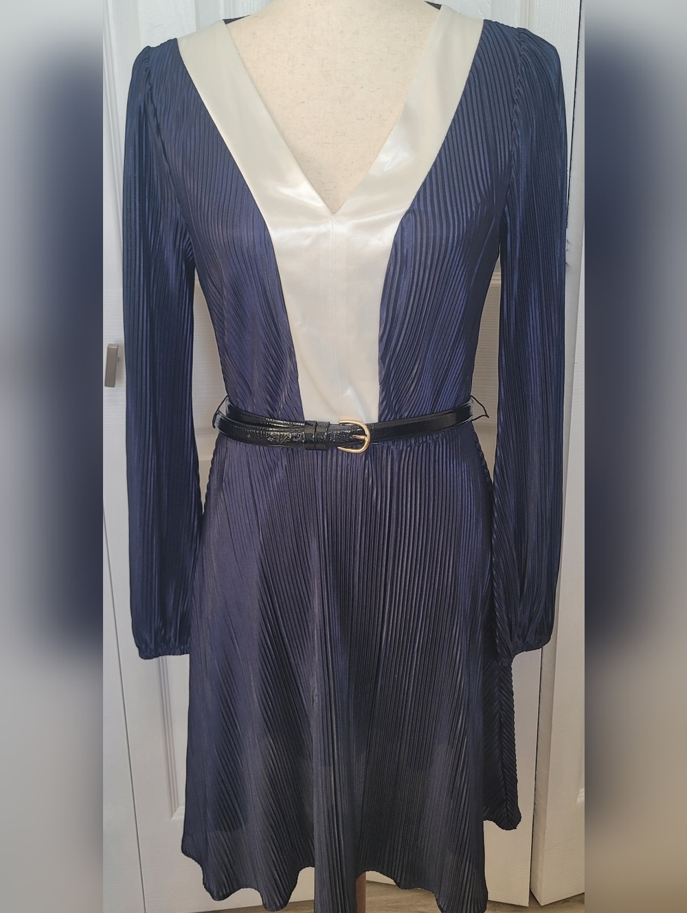 DKNY Navy Blue Pleated Satin Long Sleeve Dress Size 8 NWT Contrast V-Neck